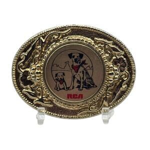 RCA Victor Western Dog Logo Belt Buckle Gold Tone Oval Scroll Frame Made in USA